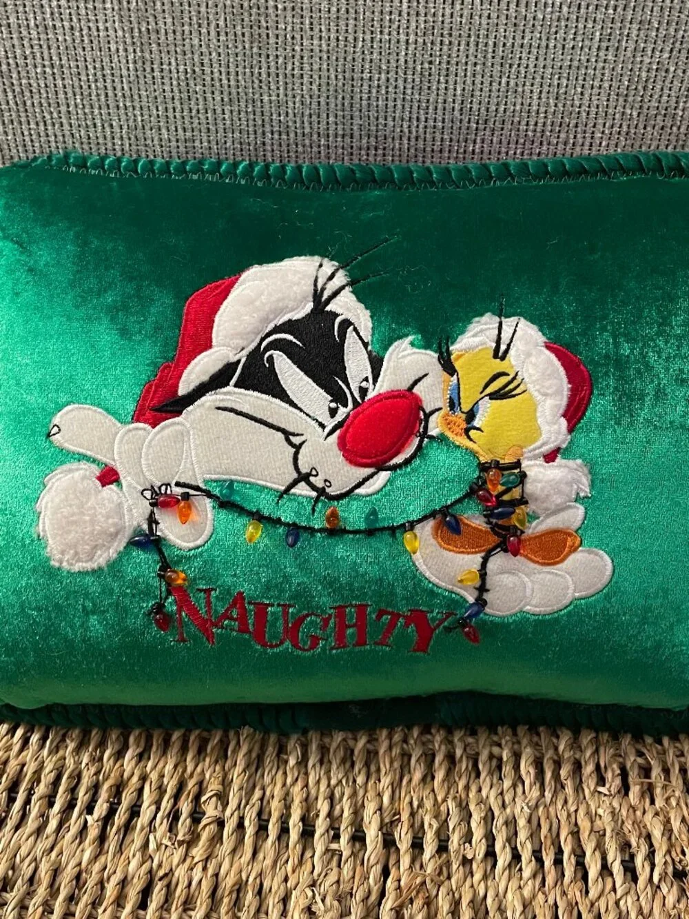 Vintage Looney Tunes Tweety Bird Sylvester Naughty Nice Pillow Christmas Reverse